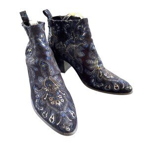 Jeffrey Campbell Viggo Brocade Booties Size 8.5 Black Blue Ankle Boots Stretch‎